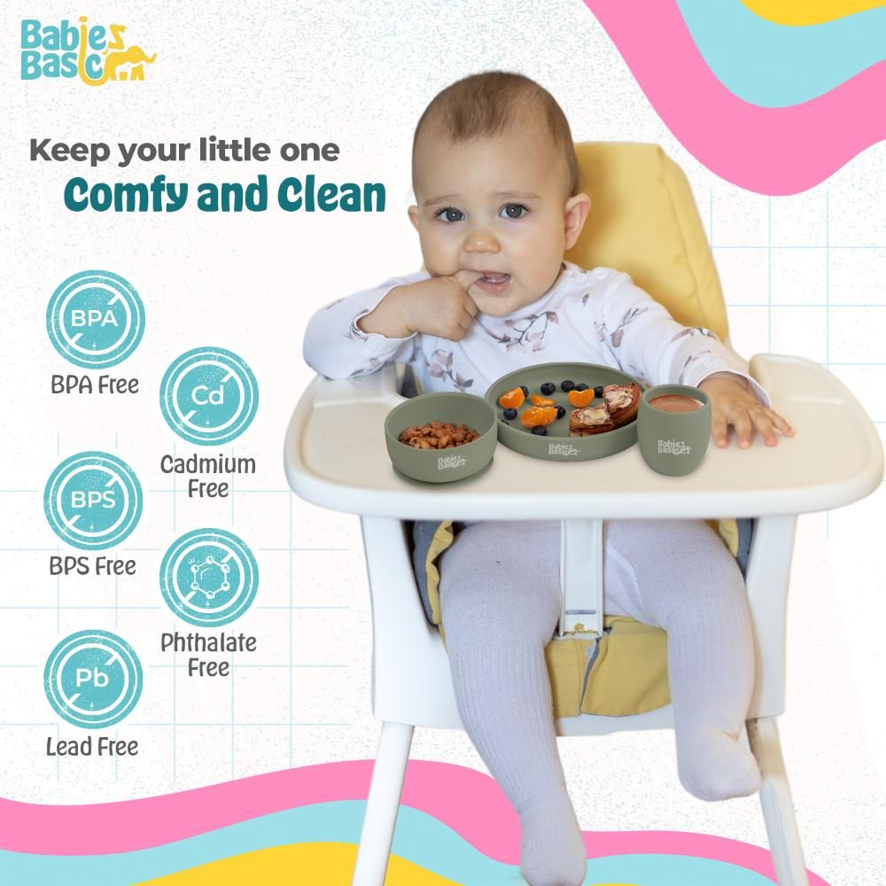 Babies Basic - Silicone Plate, Bowl, Cup And Cutlery With Case Set - Green - 5pcs