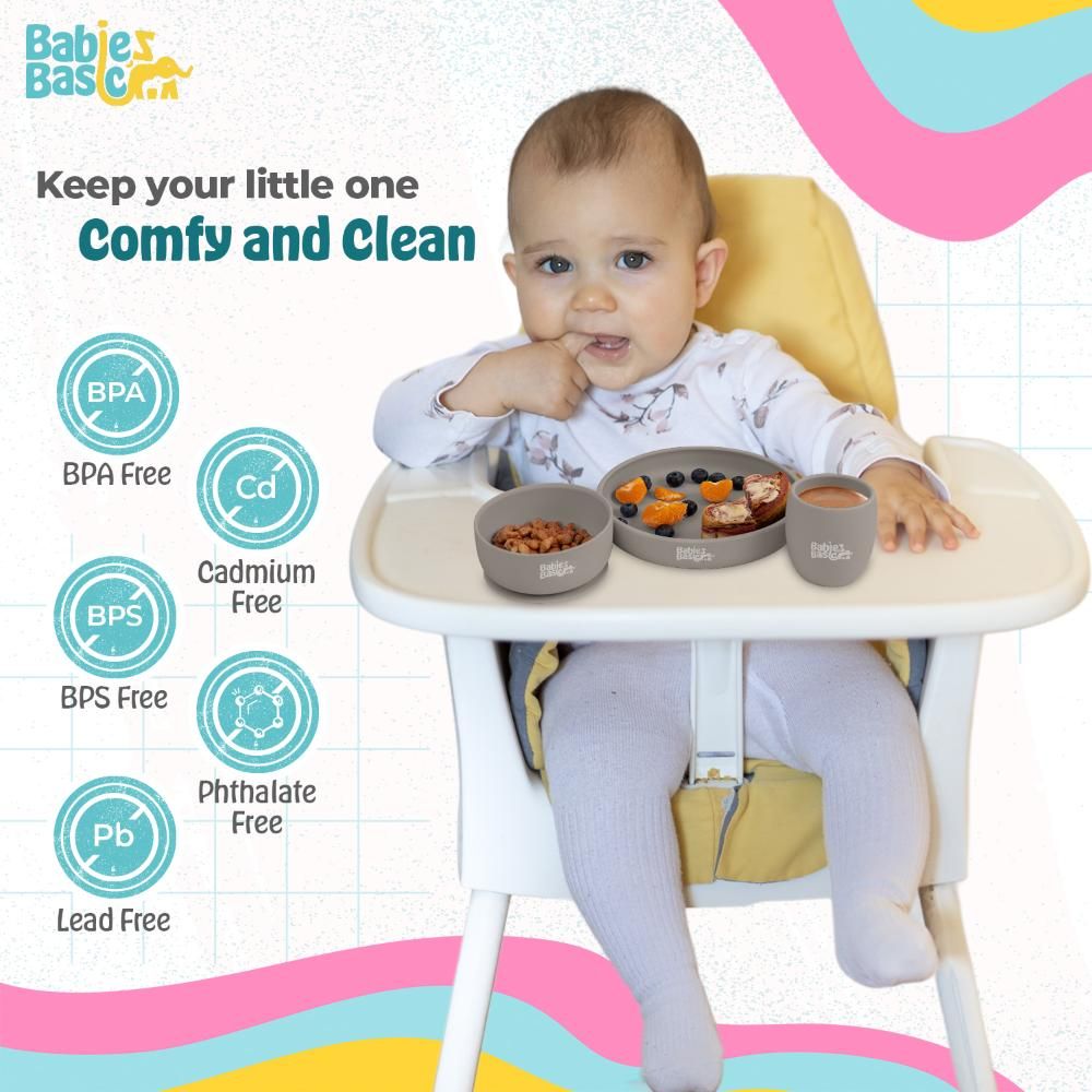 Babies Basic - Silicone Plate, Bowl, Cup And Cutlery With Case Set - Grey - 5pcs