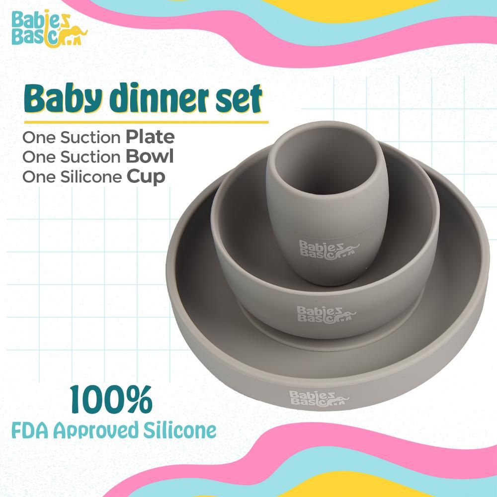 Babies Basic - Silicone Plate, Bowl, Cup And Cutlery With Case Set - Grey - 5pcs