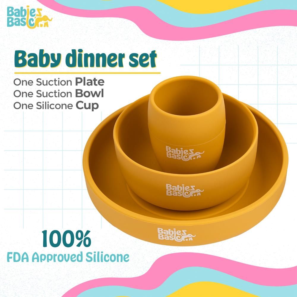 Babies Basic - Silicone Plate, Bowl, Cup And Cutlery With Case Set - Yellow - 5pcs