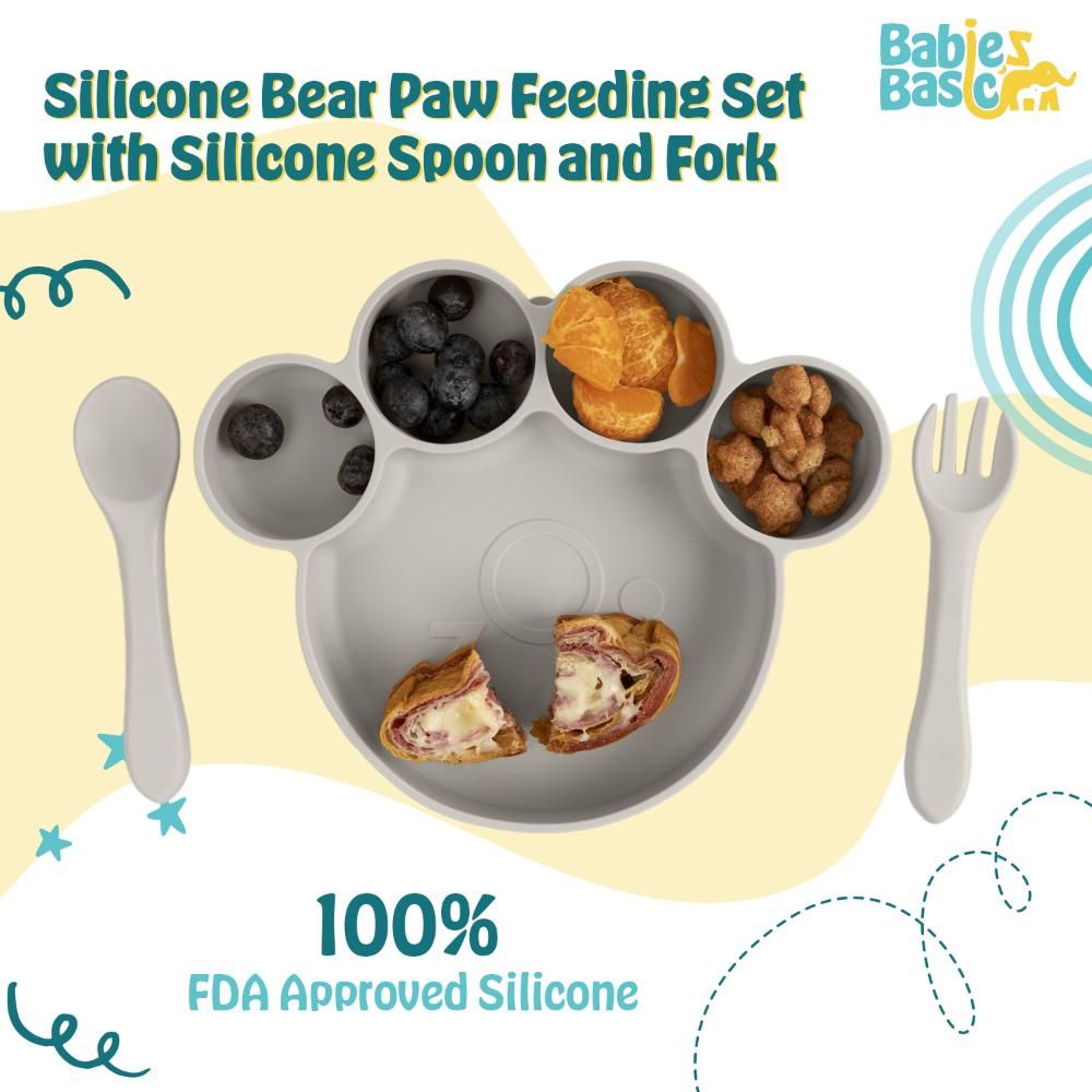 Babies Basic - Bear Shape Silicone Plate, Spoon & Fork Set - 3pcs - Grey