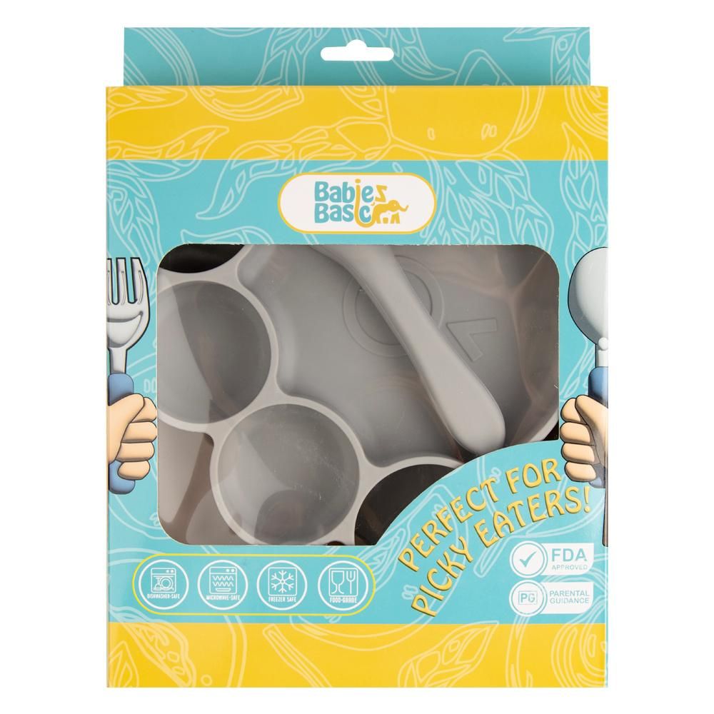 Babies Basic - Bear Shape Silicone Plate, Spoon & Fork Set - 3pcs - Grey