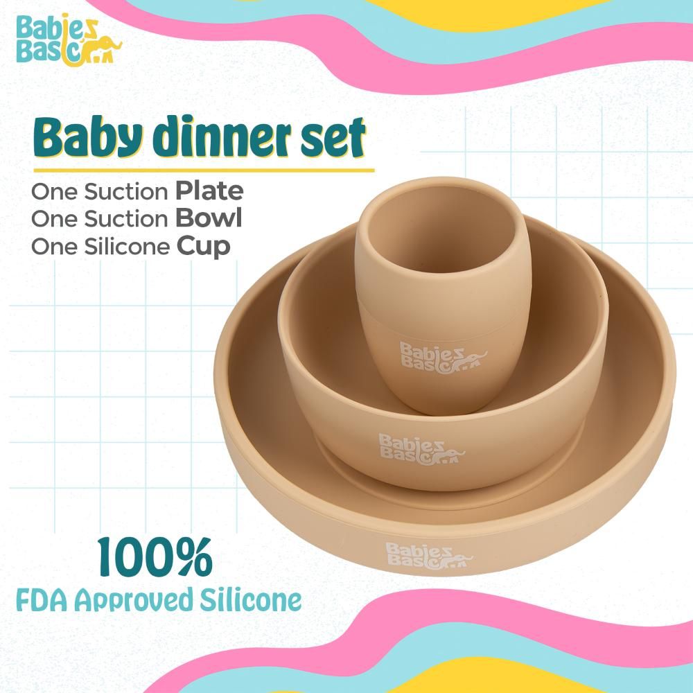 Babies Basic - Silicone Plate, Bowl And Cup Feeding Set - Beige