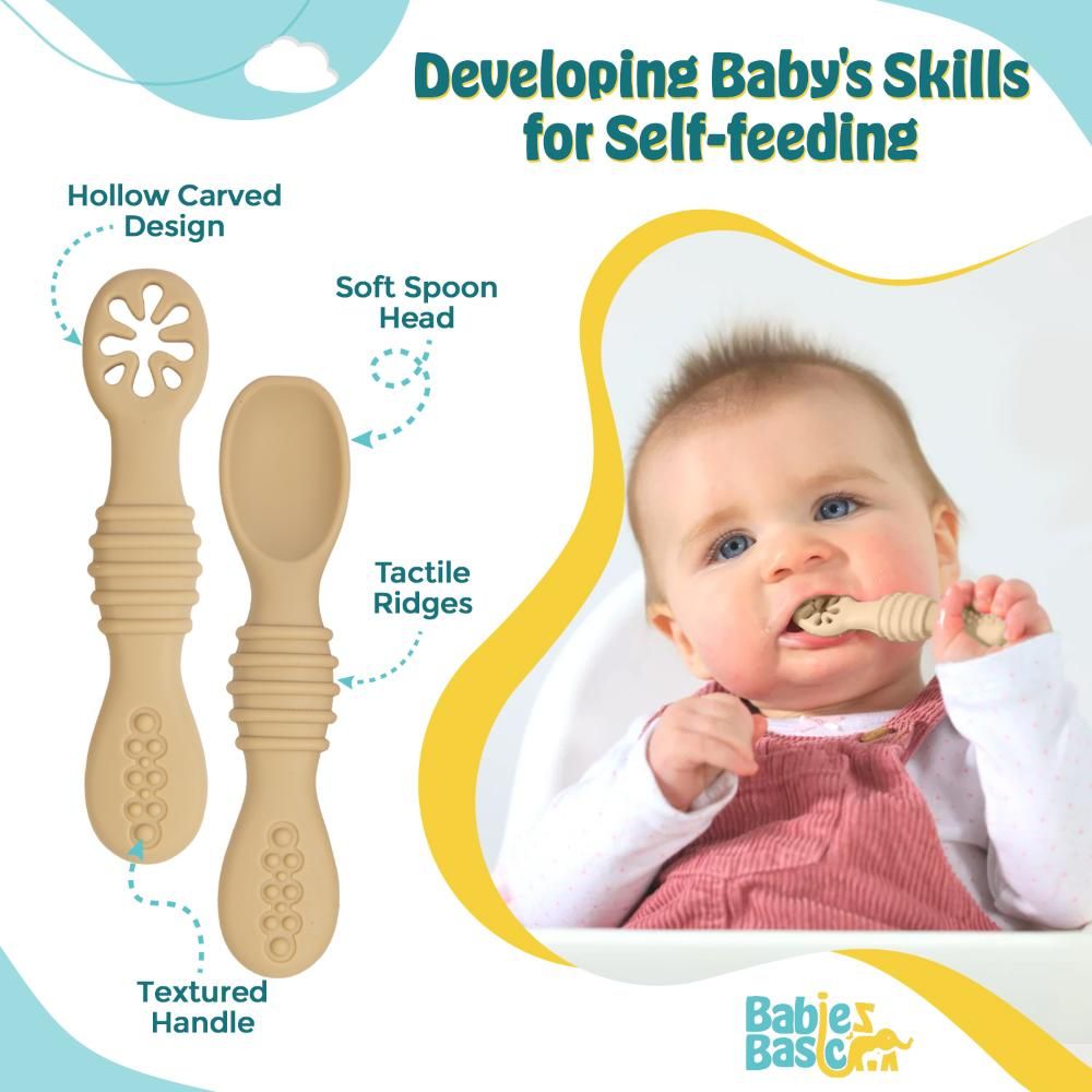 Babies Basic - First Stage Silicone Training Spoon With Masher - Cream