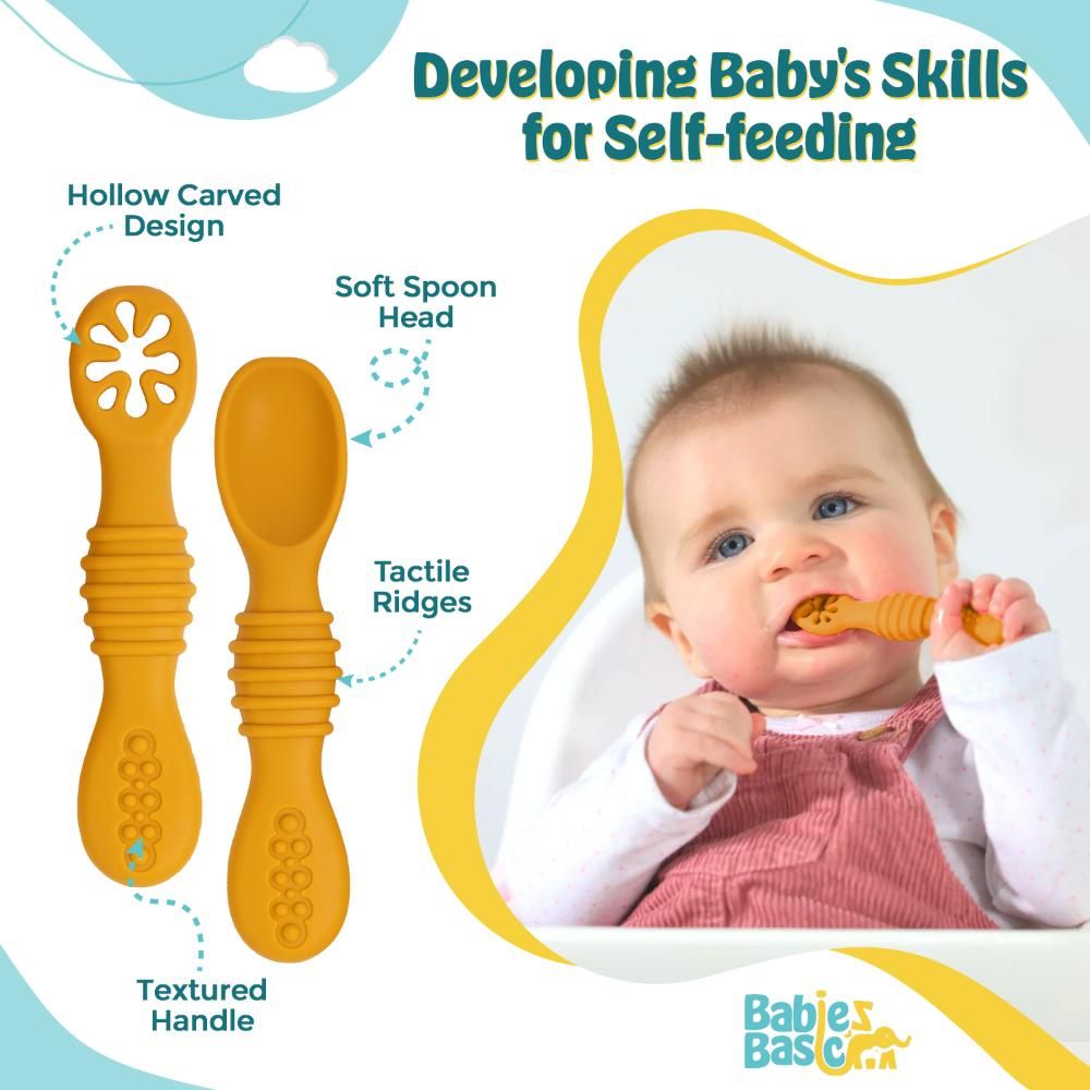 Babies Basic - First Stage Silicone Training Spoon With Masher - Yellow