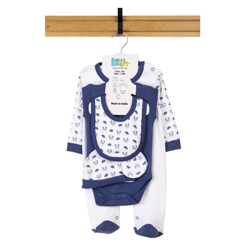 Babies Basic - 5pc Cotton Set - Bib, Romper, Mittens, Cap & Sleepsuit - Sleepy Panda - Blue