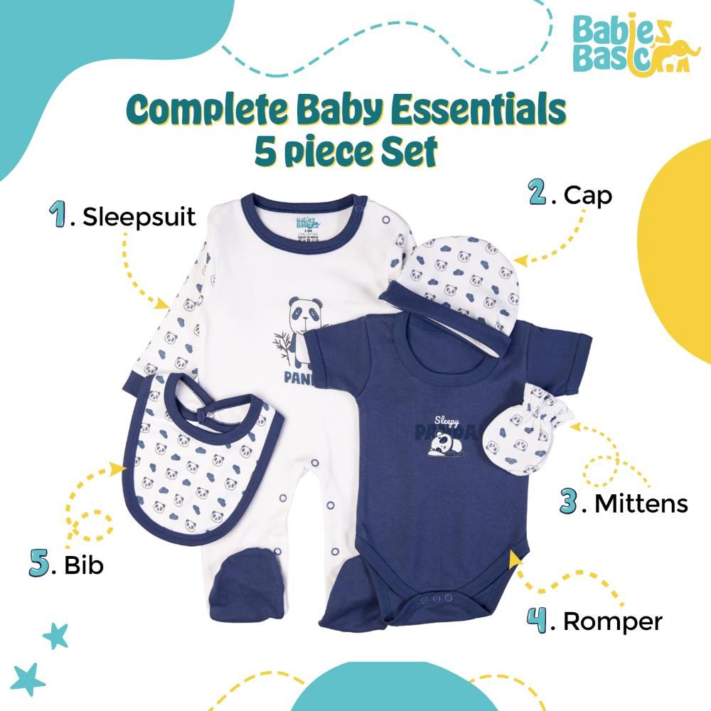 Babies Basic - 5pc Cotton Set - Bib, Romper, Mittens, Cap & Sleepsuit - Sleepy Panda - Blue