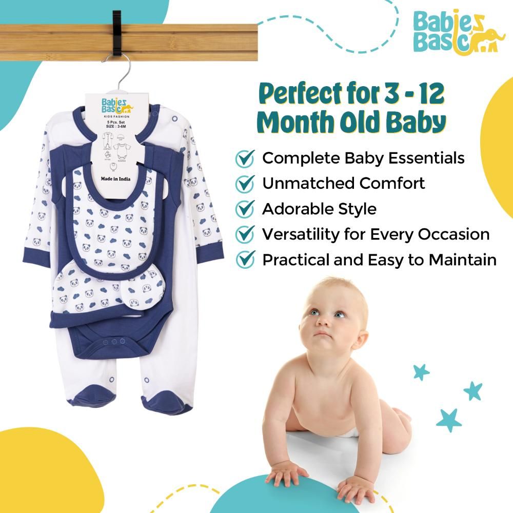 Babies Basic - 5pc Cotton Set - Bib, Romper, Mittens, Cap & Sleepsuit - Sleepy Panda - Blue