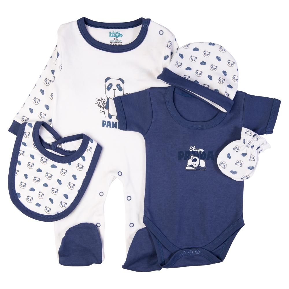 Babies Basic - 5pc Cotton Set - Bib, Romper, Mittens, Cap & Sleepsuit - Sleepy Panda - Blue