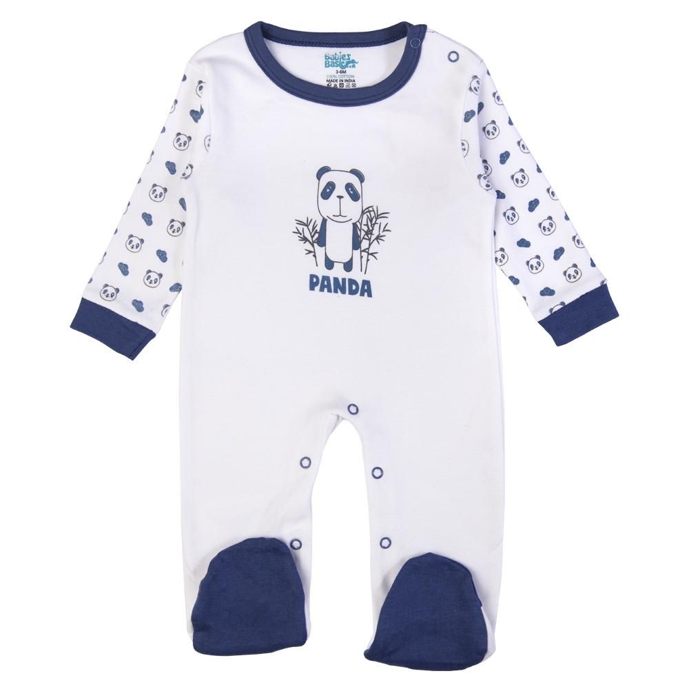 Babies Basic - 5pc Cotton Set - Bib, Romper, Mittens, Cap & Sleepsuit - Sleepy Panda - Blue