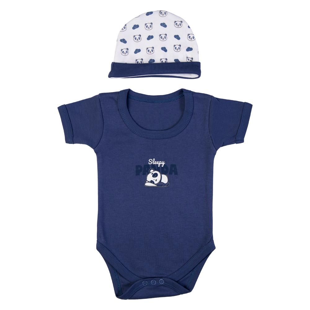 Babies Basic - 5pc Cotton Set - Bib, Romper, Mittens, Cap & Sleepsuit - Sleepy Panda - Blue