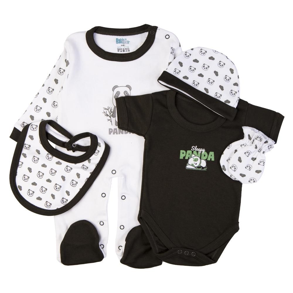 Babies Basic - 5pc Cotton Set - Bib, Romper, Mittens, Cap & Sleepsuit - Sleepy Panda - Green