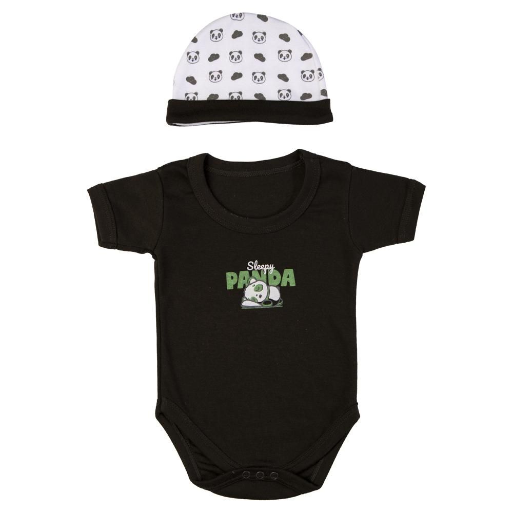 Babies Basic - 5pc Cotton Set - Bib, Romper, Mittens, Cap & Sleepsuit - Sleepy Panda - Green