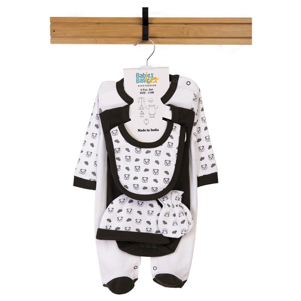 Babies Basic - 5pc Cotton Set - Bib, Romper, Mittens, Cap & Sleepsuit - Sleepy Panda - Green