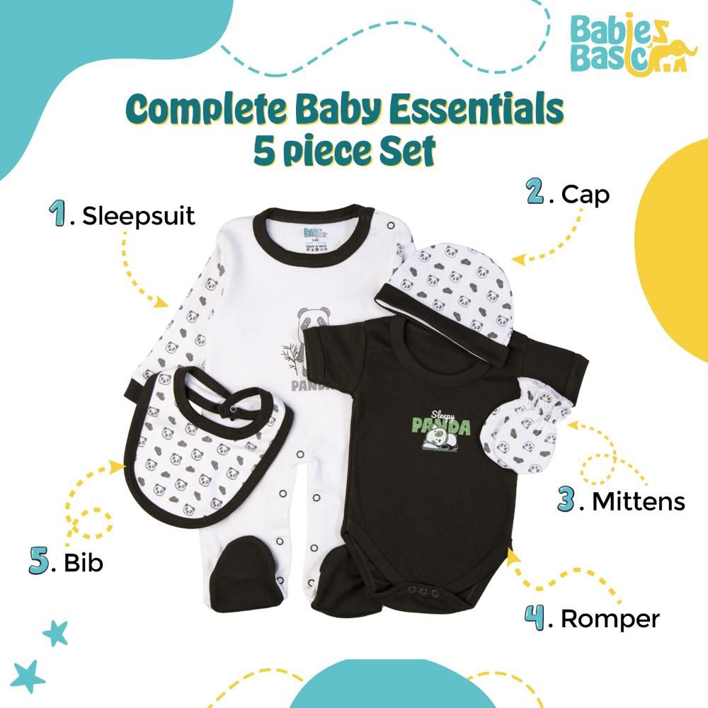 Babies Basic - 5pc Cotton Set - Bib, Romper, Mittens, Cap & Sleepsuit - Sleepy Panda - Green