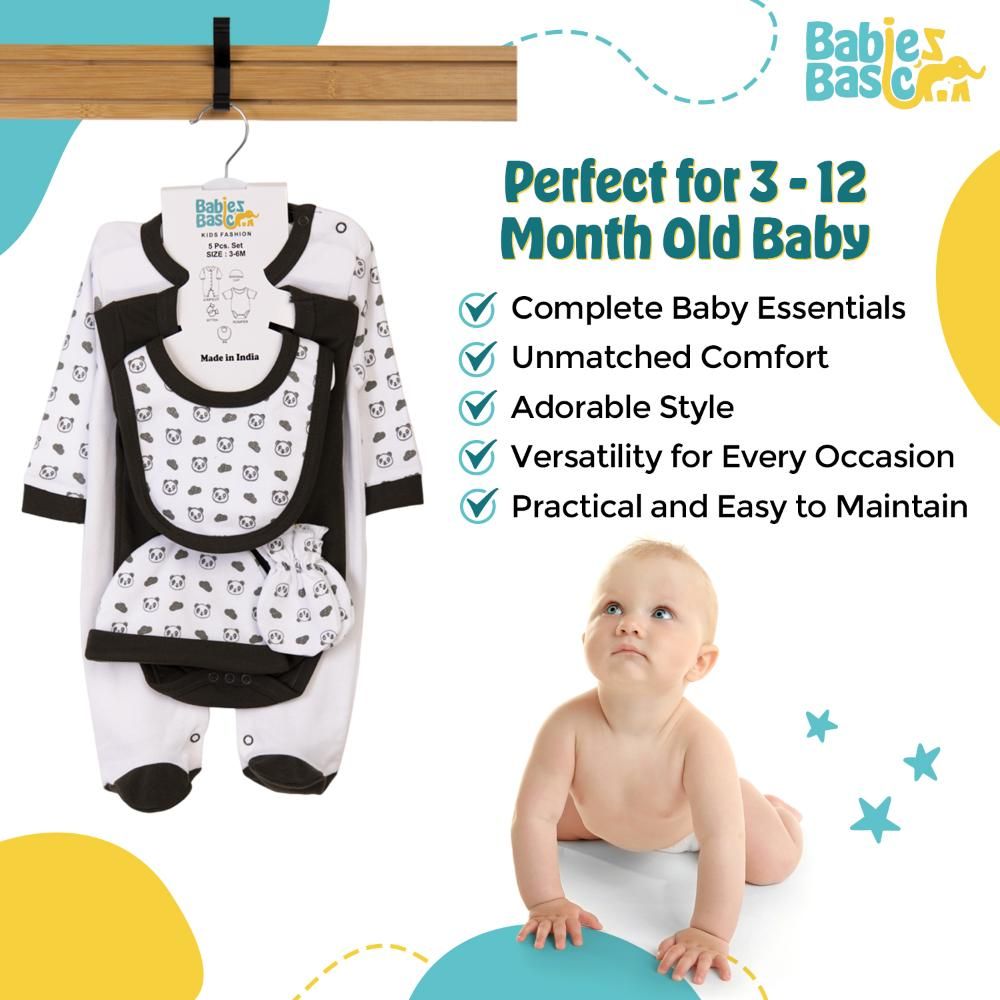 Babies Basic - 5pc Cotton Set - Bib, Romper, Mittens, Cap & Sleepsuit - Sleepy Panda - Green