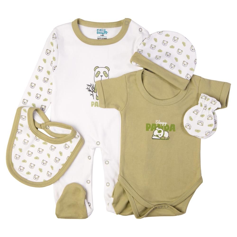 Babies Basic - 5pc Cotton Set - Bib, Romper, Mittens, Cap & Sleepsuit - Sleepy Panda - Pistachio