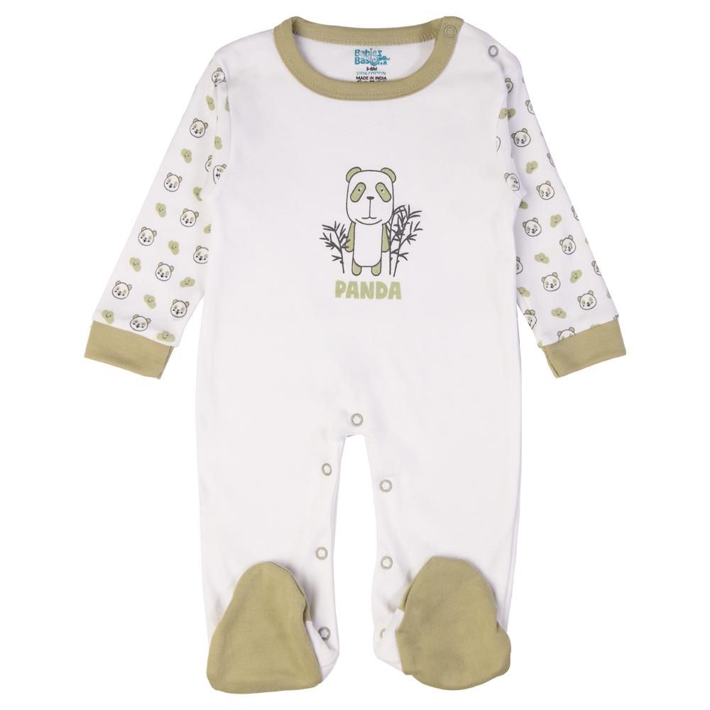 Babies Basic - 5pc Cotton Set - Bib, Romper, Mittens, Cap & Sleepsuit - Sleepy Panda - Pistachio