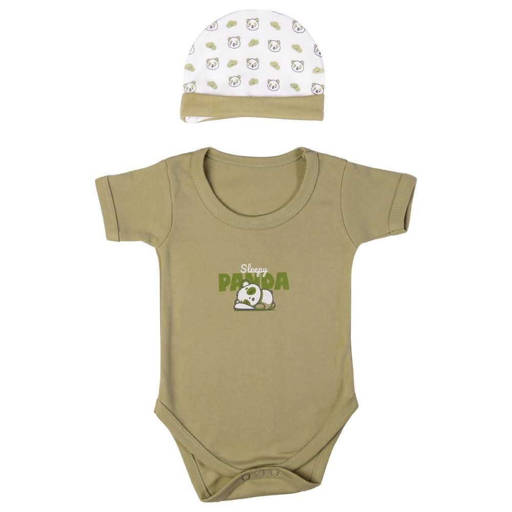 Babies Basic - 5pc Cotton Set - Bib, Romper, Mittens, Cap & Sleepsuit - Sleepy Panda - Pistachio