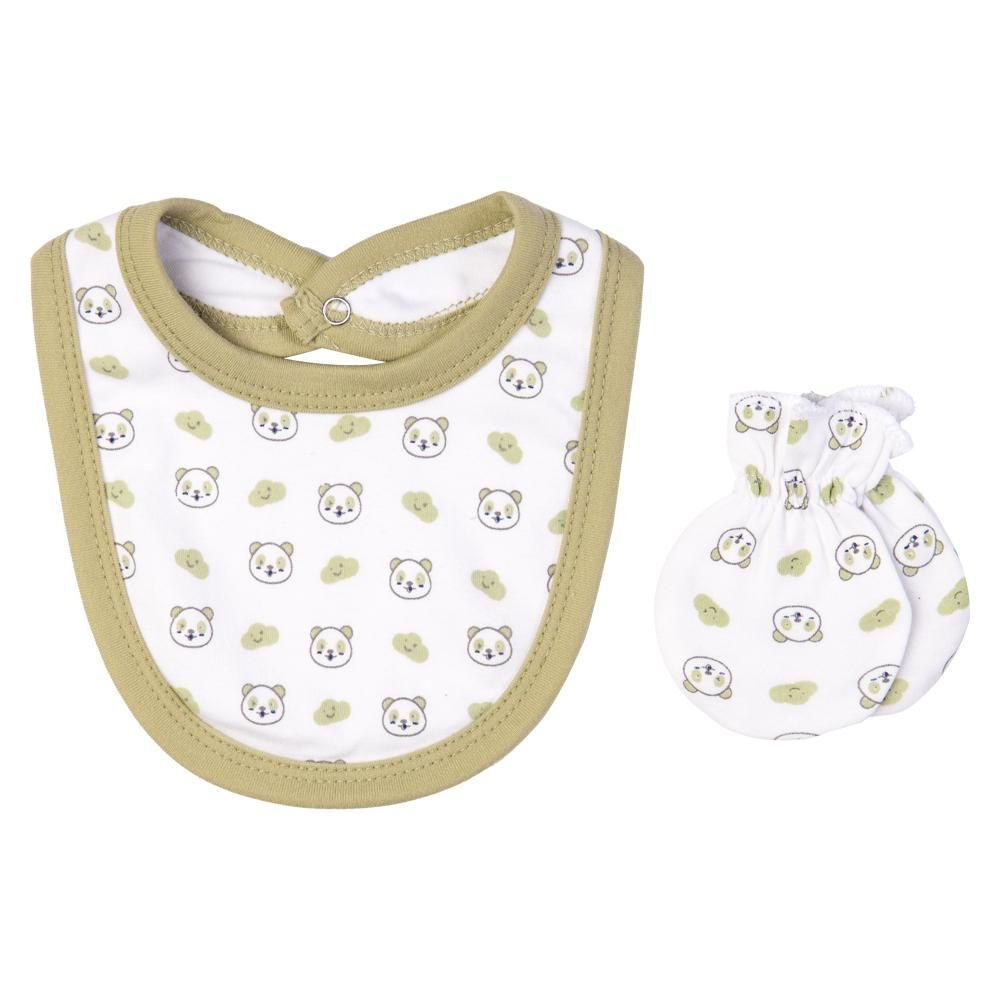 Babies Basic - 5pc Cotton Set - Bib, Romper, Mittens, Cap & Sleepsuit - Sleepy Panda - Pistachio