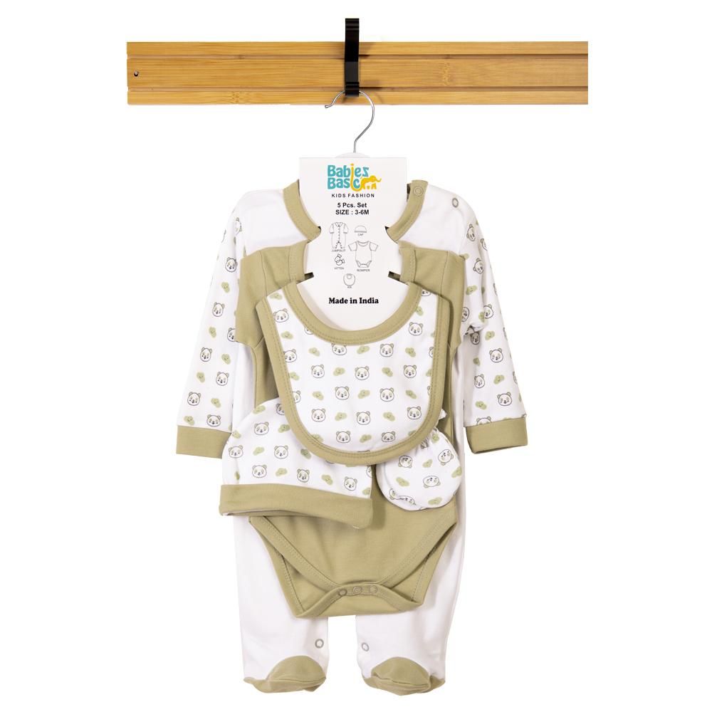 Babies Basic - 5pc Cotton Set - Bib, Romper, Mittens, Cap & Sleepsuit - Sleepy Panda - Pistachio