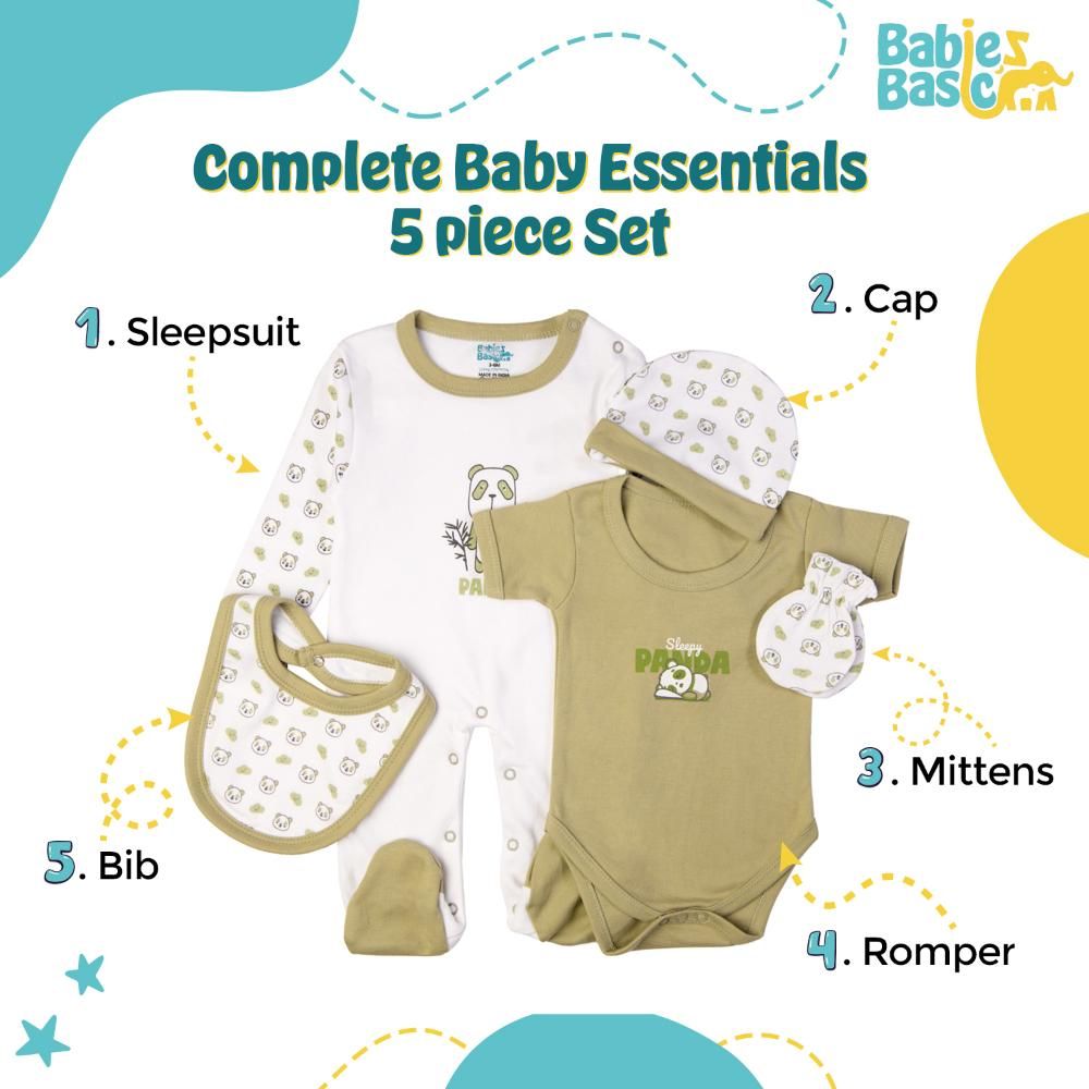 Babies Basic - 5pc Cotton Set - Bib, Romper, Mittens, Cap & Sleepsuit - Sleepy Panda - Pistachio