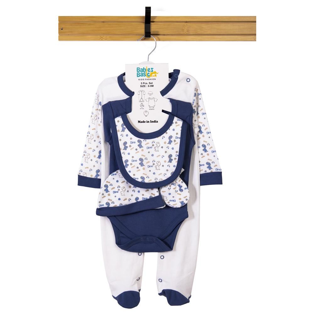 Babies Basic - 5pc Cotton Set - Bib, Romper, Mittens, Cap & Sleepsuit - Be Happy - Airforce Blue