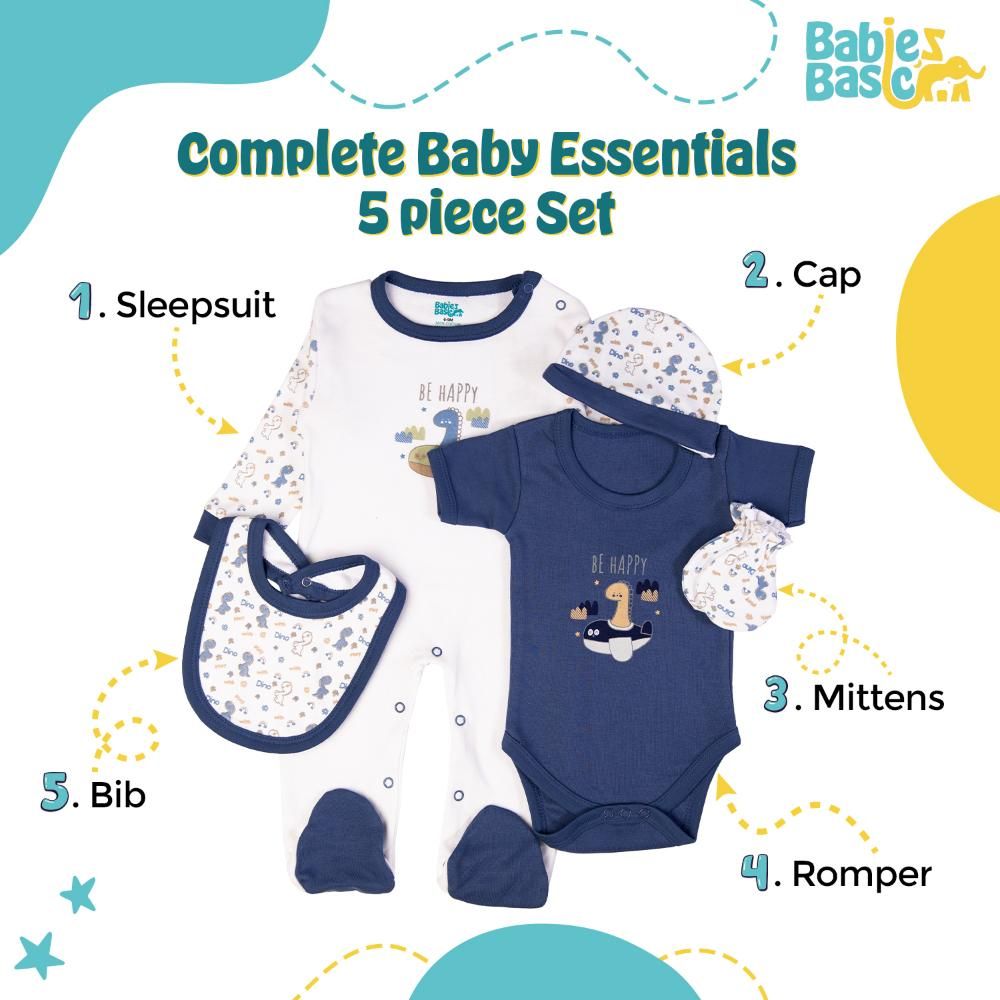 Babies Basic - 5pc Cotton Set - Bib, Romper, Mittens, Cap & Sleepsuit - Be Happy - Airforce Blue