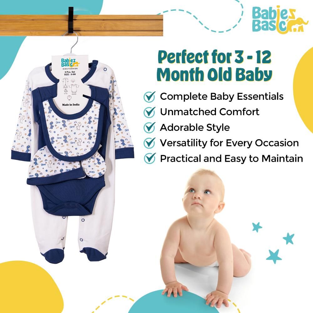 Babies Basic - 5pc Cotton Set - Bib, Romper, Mittens, Cap & Sleepsuit - Be Happy - Airforce Blue