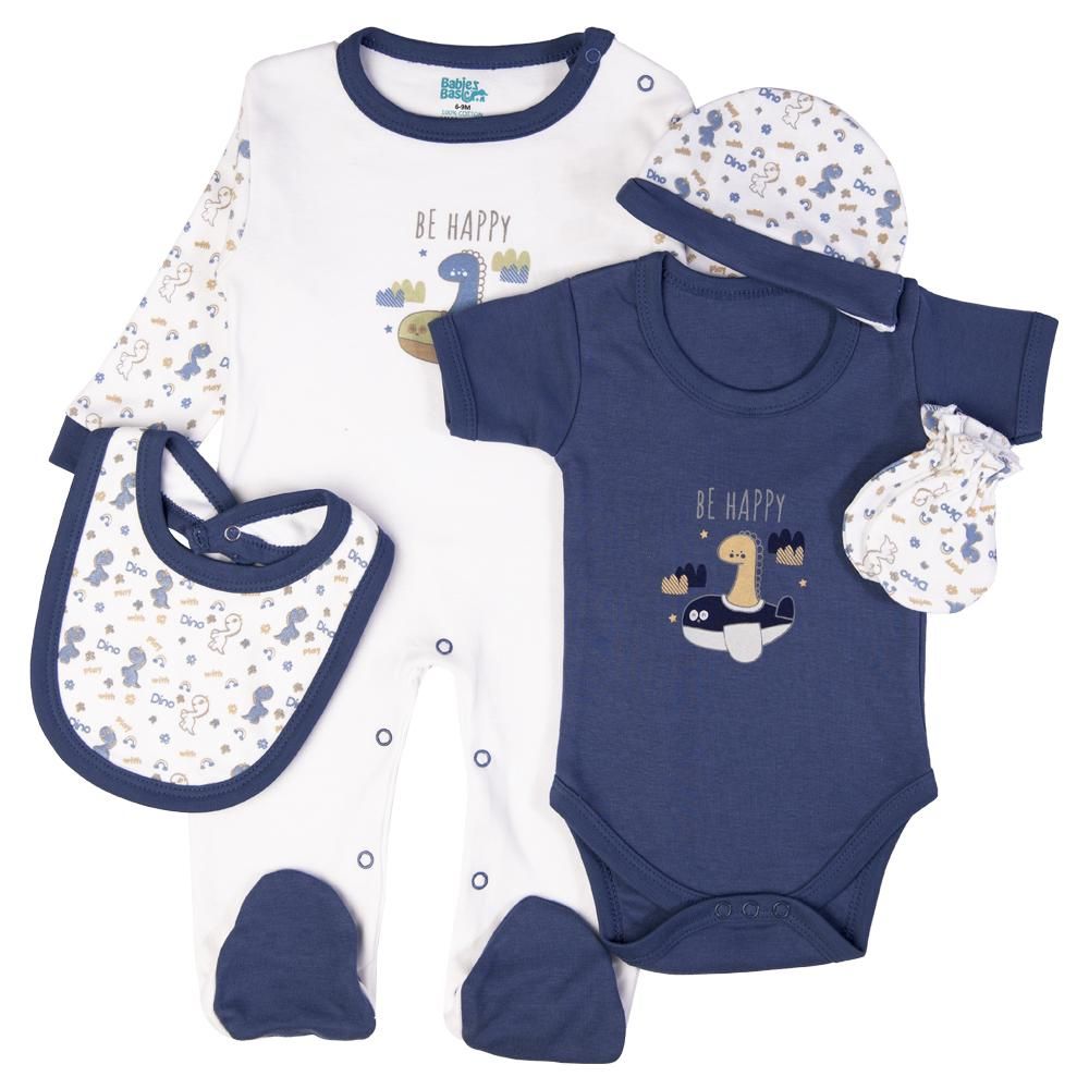 Babies Basic - 5pc Cotton Set - Bib, Romper, Mittens, Cap & Sleepsuit - Be Happy - Airforce Blue