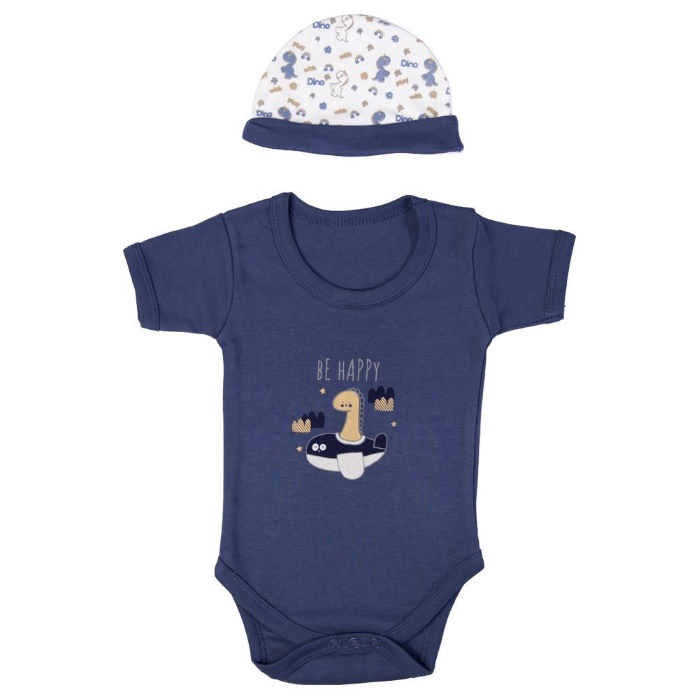 Babies Basic - 5pc Cotton Set - Bib, Romper, Mittens, Cap & Sleepsuit - Be Happy - Airforce Blue