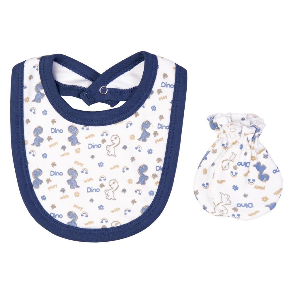 Babies Basic - 5pc Cotton Set - Bib, Romper, Mittens, Cap & Sleepsuit - Be Happy - Airforce Blue