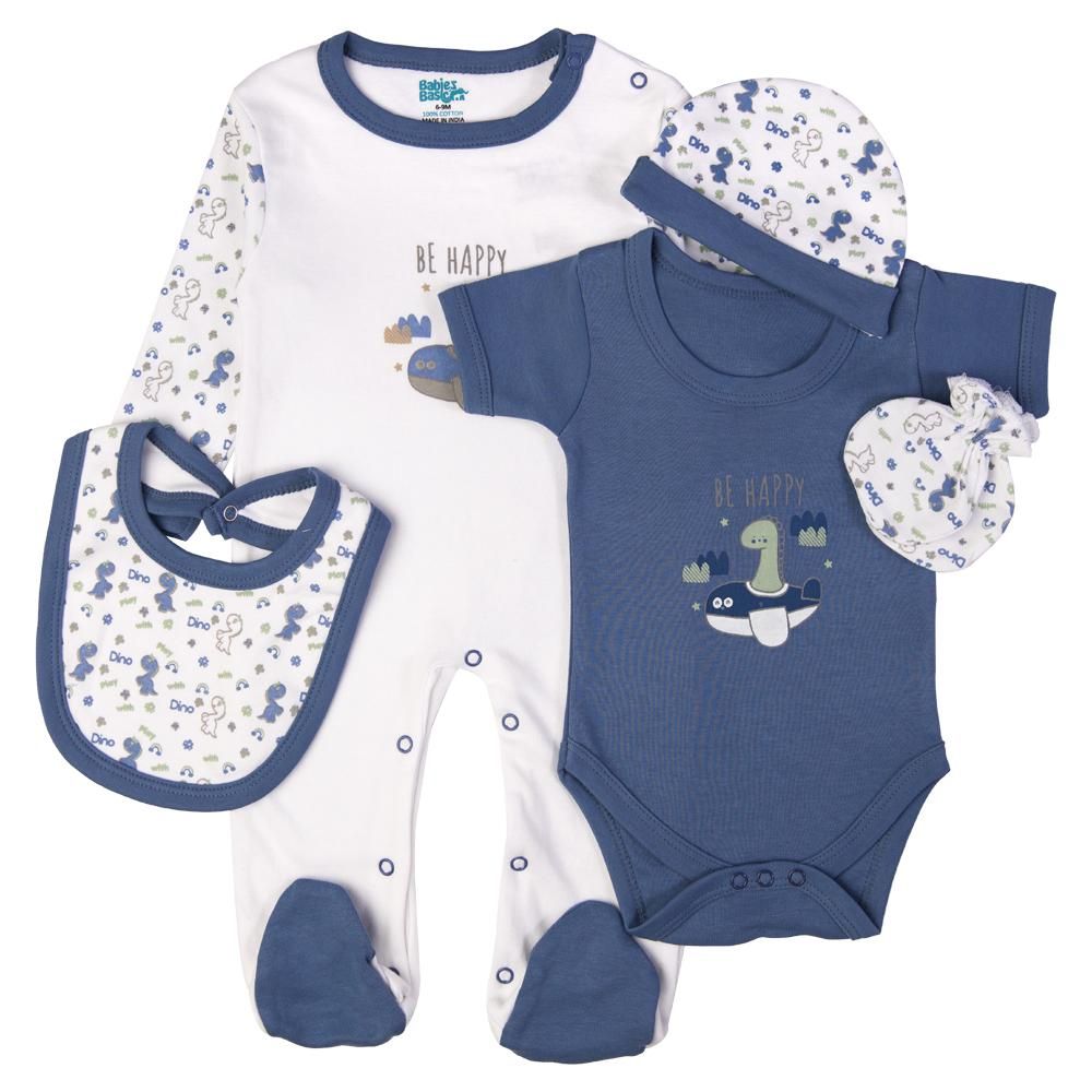 Babies Basic - 5pc Cotton Set - Bib, Romper, Mittens, Cap & Sleepsuit - Be Happy - Dark Blue