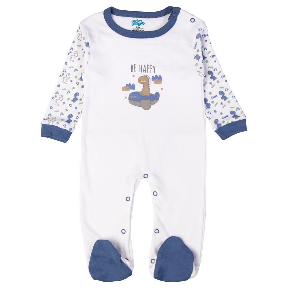 Babies Basic - 5pc Cotton Set - Bib, Romper, Mittens, Cap & Sleepsuit - Be Happy - Dark Blue