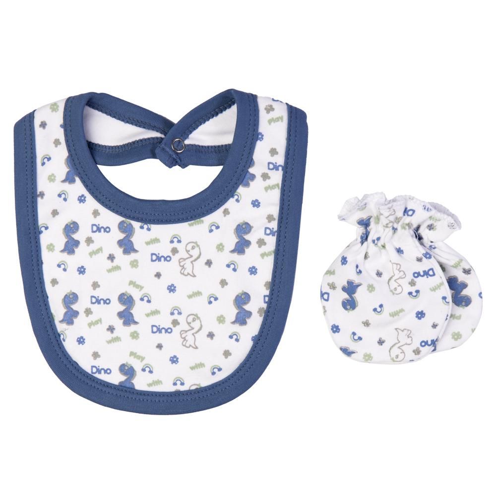 Babies Basic - 5pc Cotton Set - Bib, Romper, Mittens, Cap & Sleepsuit - Be Happy - Dark Blue