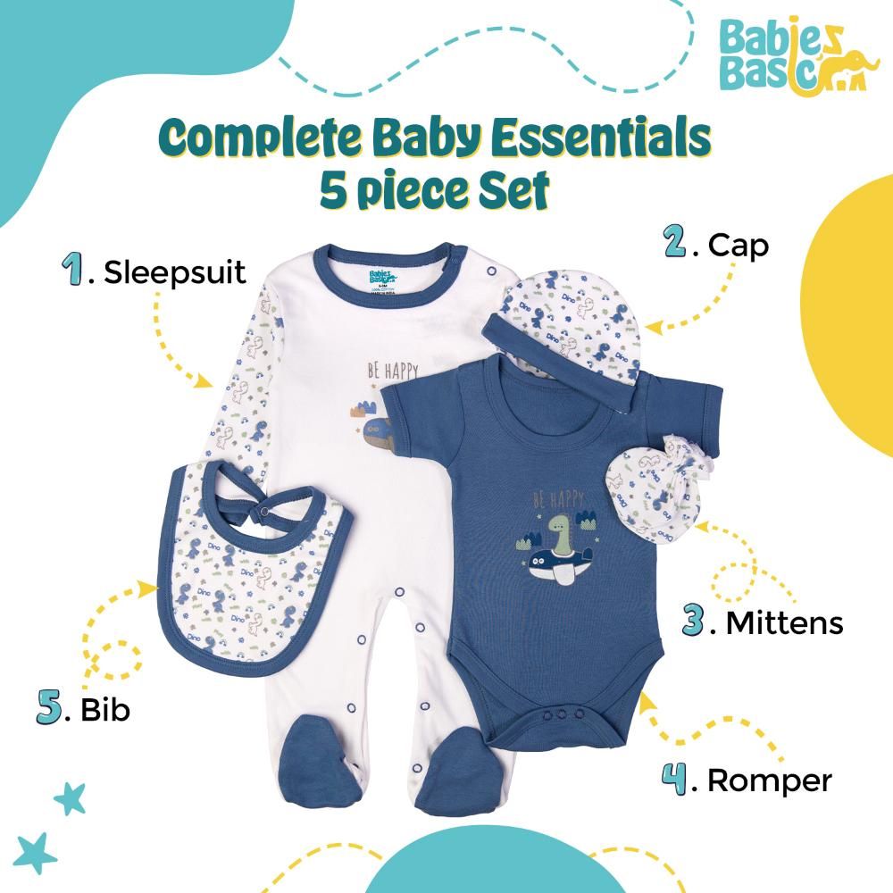 Babies Basic - 5pc Cotton Set - Bib, Romper, Mittens, Cap & Sleepsuit - Be Happy - Dark Blue