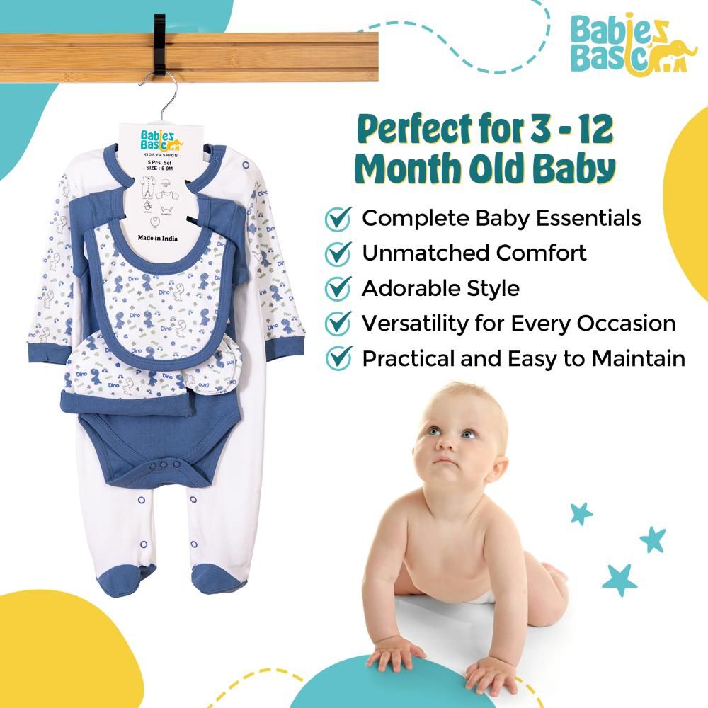 Babies Basic - 5pc Cotton Set - Bib, Romper, Mittens, Cap & Sleepsuit - Be Happy - Dark Blue