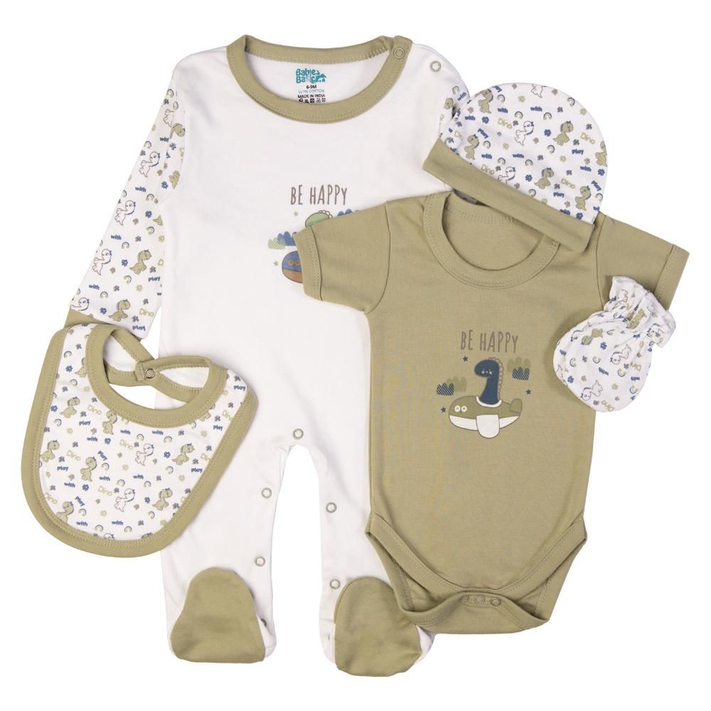 Babies Basic - 5pc Cotton Set - Bib, Romper, Mittens, Cap & Sleepsuit - Be Happy - Pistachio