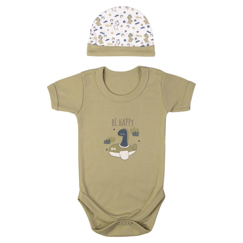 Babies Basic - 5pc Cotton Set - Bib, Romper, Mittens, Cap & Sleepsuit - Be Happy - Pistachio