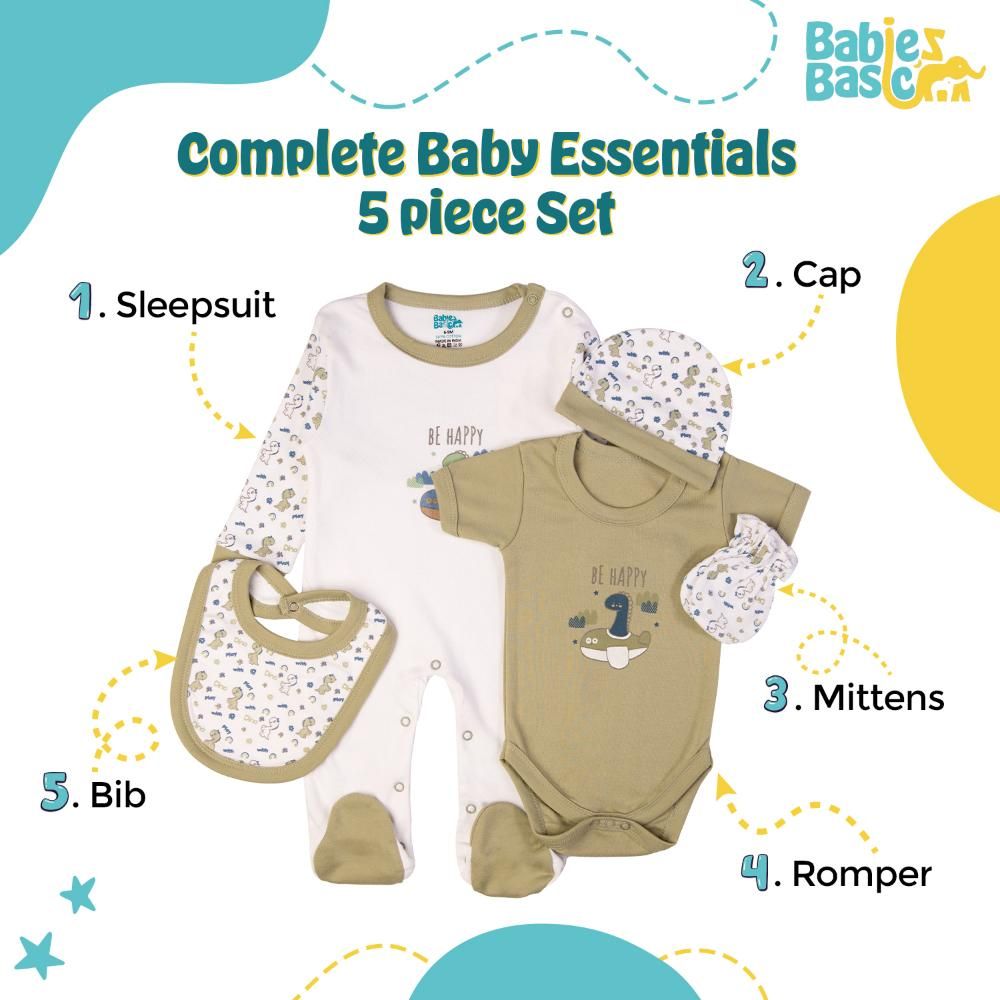 Babies Basic - 5pc Cotton Set - Bib, Romper, Mittens, Cap & Sleepsuit - Be Happy - Pistachio