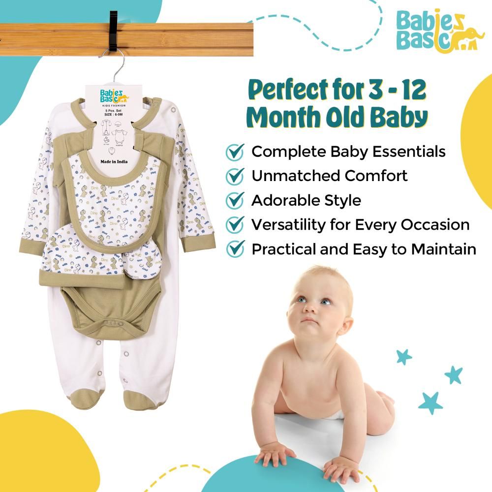 Babies Basic - 5pc Cotton Set - Bib, Romper, Mittens, Cap & Sleepsuit - Be Happy - Pistachio