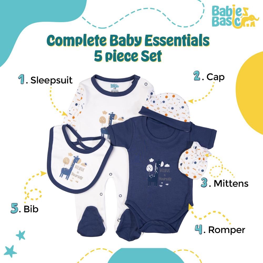 Babies Basic - 5pc Cotton Set - Bib, Romper, Mittens, Cap & Sleepsuit - Believe in Yourself - Blue