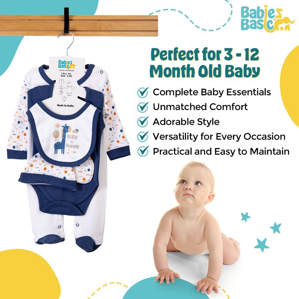 Babies Basic - 5pc Cotton Set - Bib, Romper, Mittens, Cap & Sleepsuit - Believe in Yourself - Blue