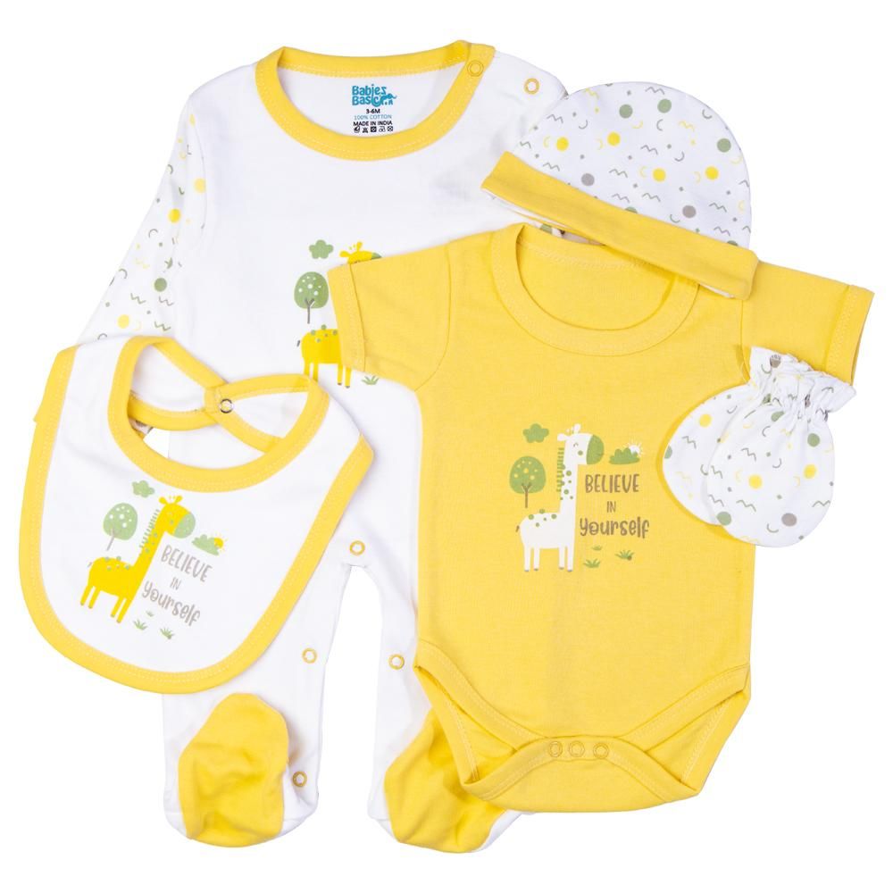 Babies Basic - 5pc Cotton Set - Bib, Romper, Mittens, Cap & Sleepsuit - Believe in Yourself - Lemon