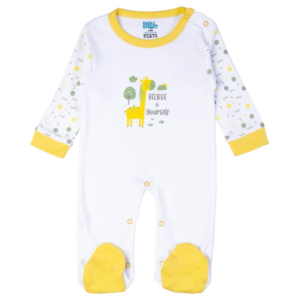 Babies Basic - 5pc Cotton Set - Bib, Romper, Mittens, Cap & Sleepsuit - Believe in Yourself - Lemon