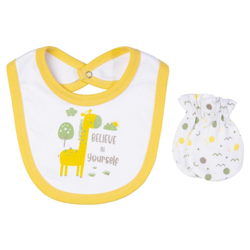 Babies Basic - 5pc Cotton Set - Bib, Romper, Mittens, Cap & Sleepsuit - Believe in Yourself - Lemon