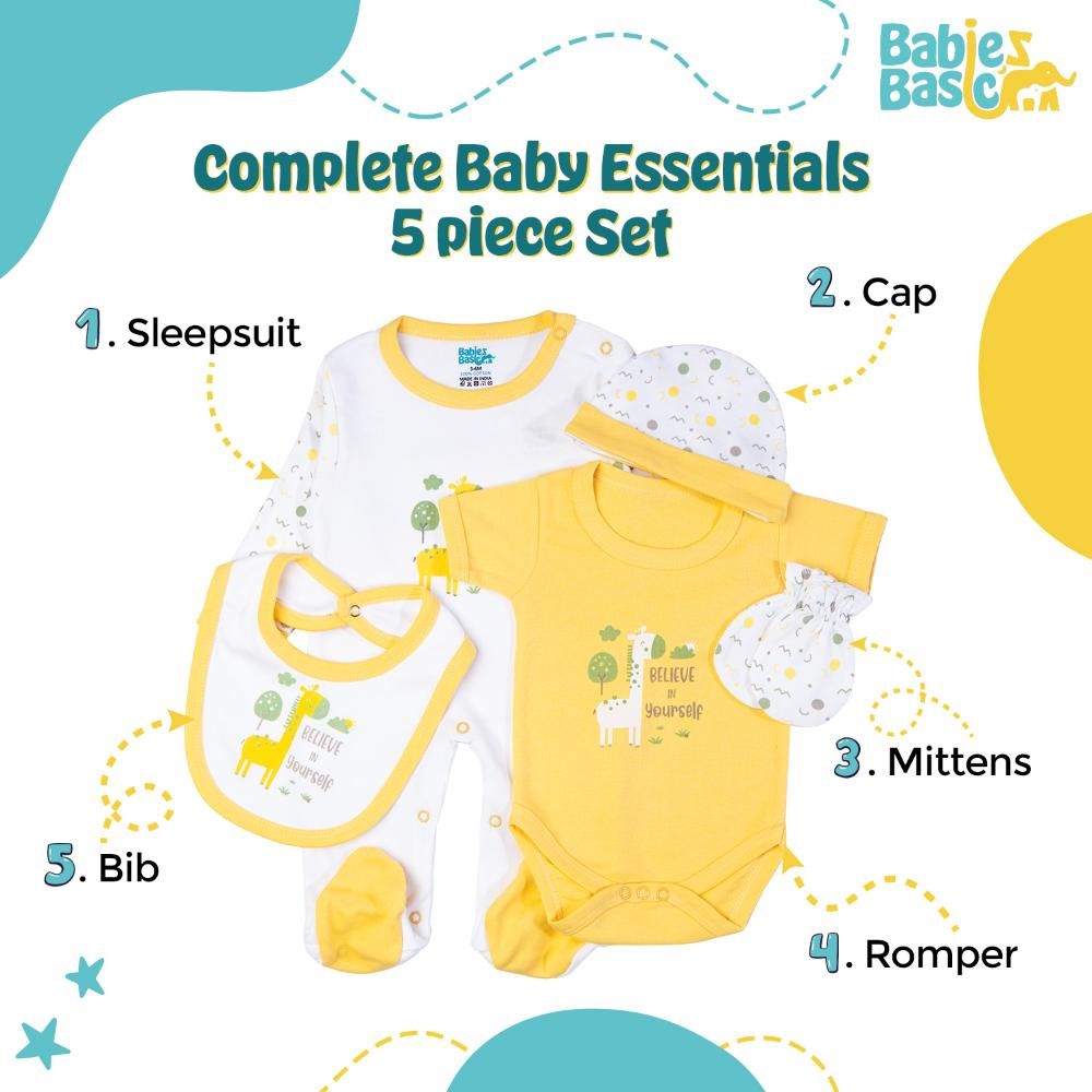 Babies Basic - 5pc Cotton Set - Bib, Romper, Mittens, Cap & Sleepsuit - Believe in Yourself - Lemon