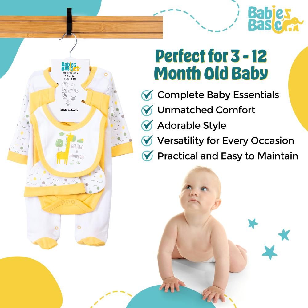 Babies Basic - 5pc Cotton Set - Bib, Romper, Mittens, Cap & Sleepsuit - Believe in Yourself - Lemon