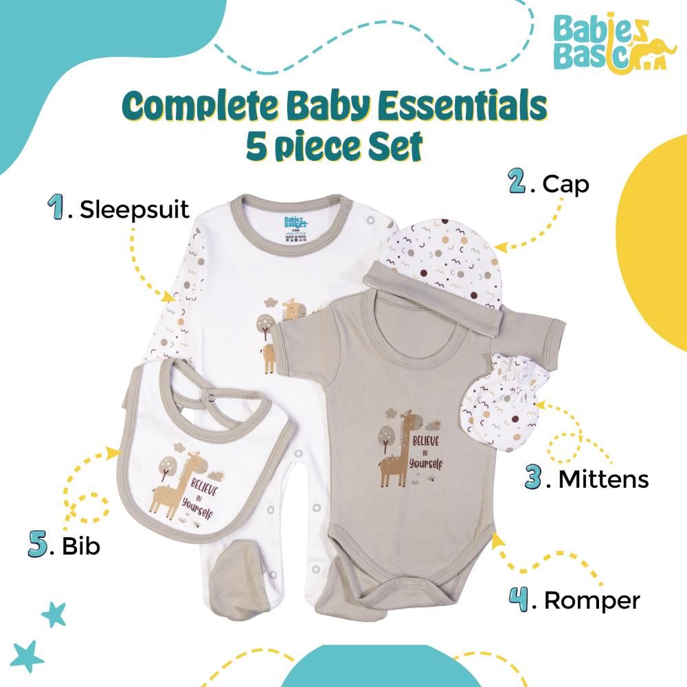 Babies Basic - 5pc Cotton Set - Bib, Romper, Mittens, Cap & Sleepsuit - Believe in Yourself - Grey