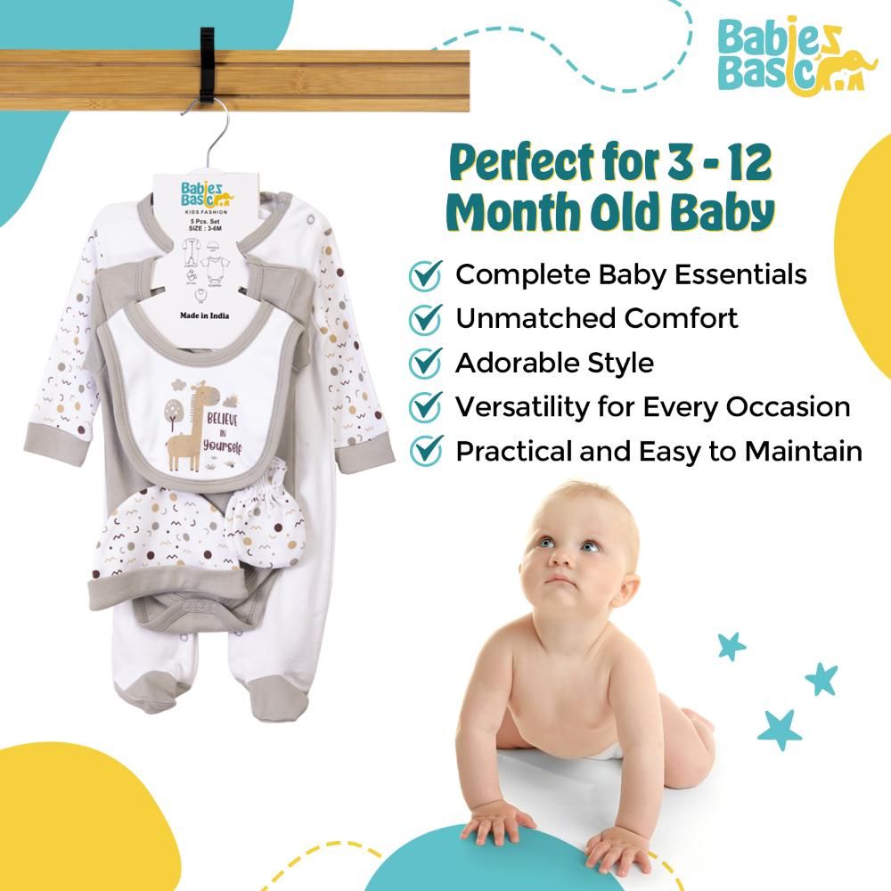 Babies Basic - 5pc Cotton Set - Bib, Romper, Mittens, Cap & Sleepsuit - Believe in Yourself - Grey